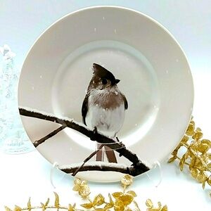Pier 1, Snowy Tufted Titmouse on Branch. Salad Plate is 8.5” wide.